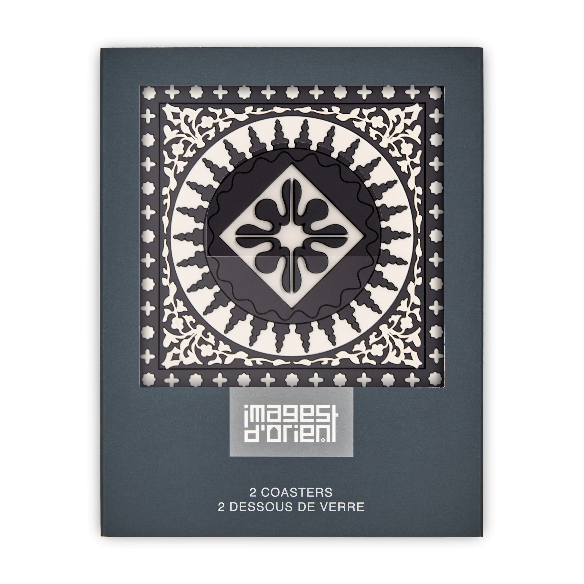 Images D'Orient Coaster Mosaic Black White PVC 9x9cm 3.5x.3.5inches Packaging Front Set of 2 COA-992061