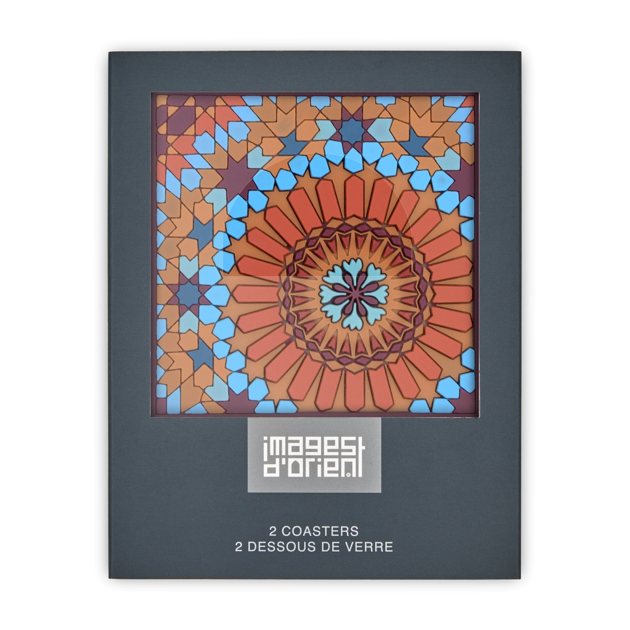 Images D'Orient Coaster Moucharabieh M1 PVC 9x9cm 3.5x.3.5inches Packaging Front Set of 2 COA-990081