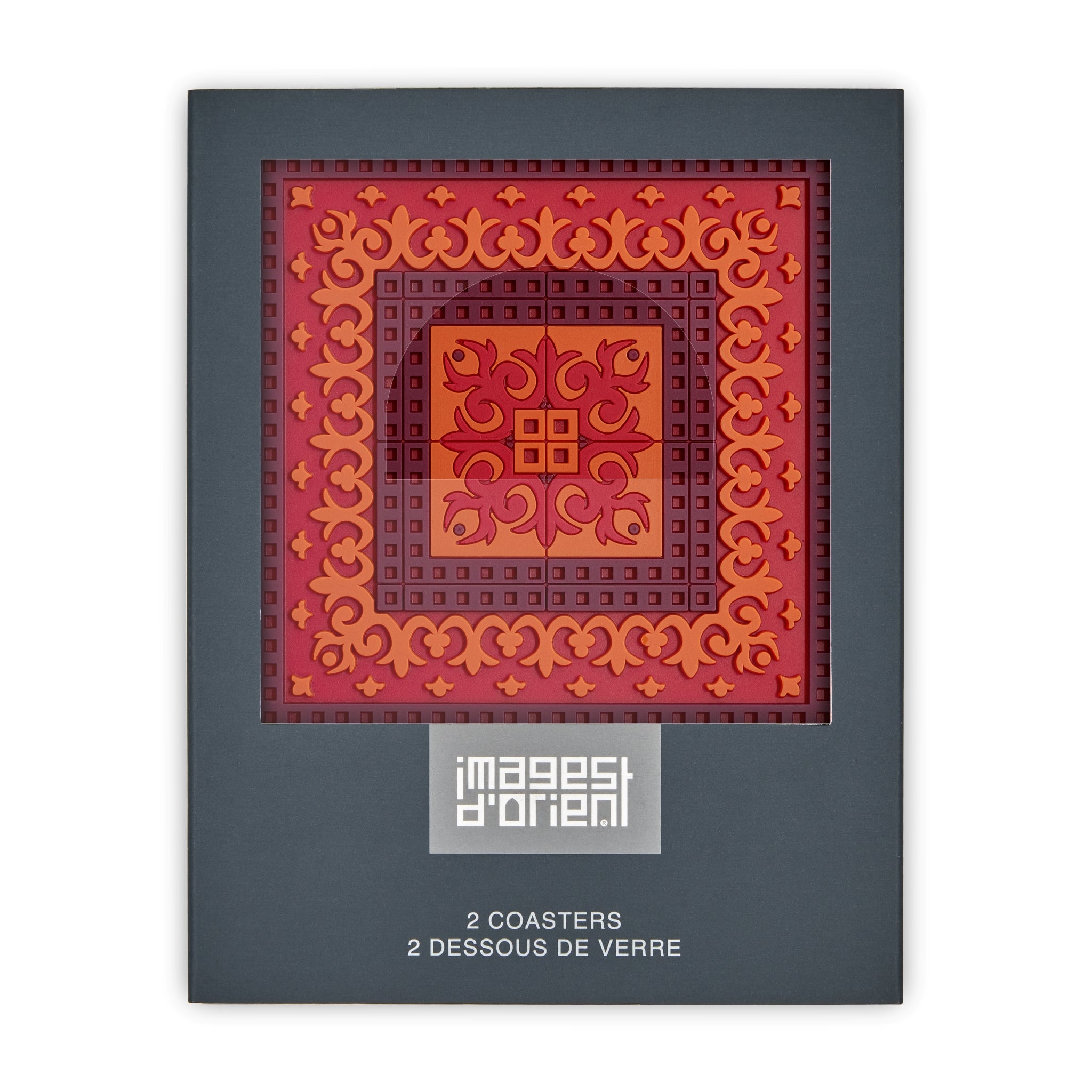 Images D'Orient Coaster Sejjadeh Zen Feu PVC 9x9cm 3.5x.3.5inches Packaging Front Set of 2 COA-992081