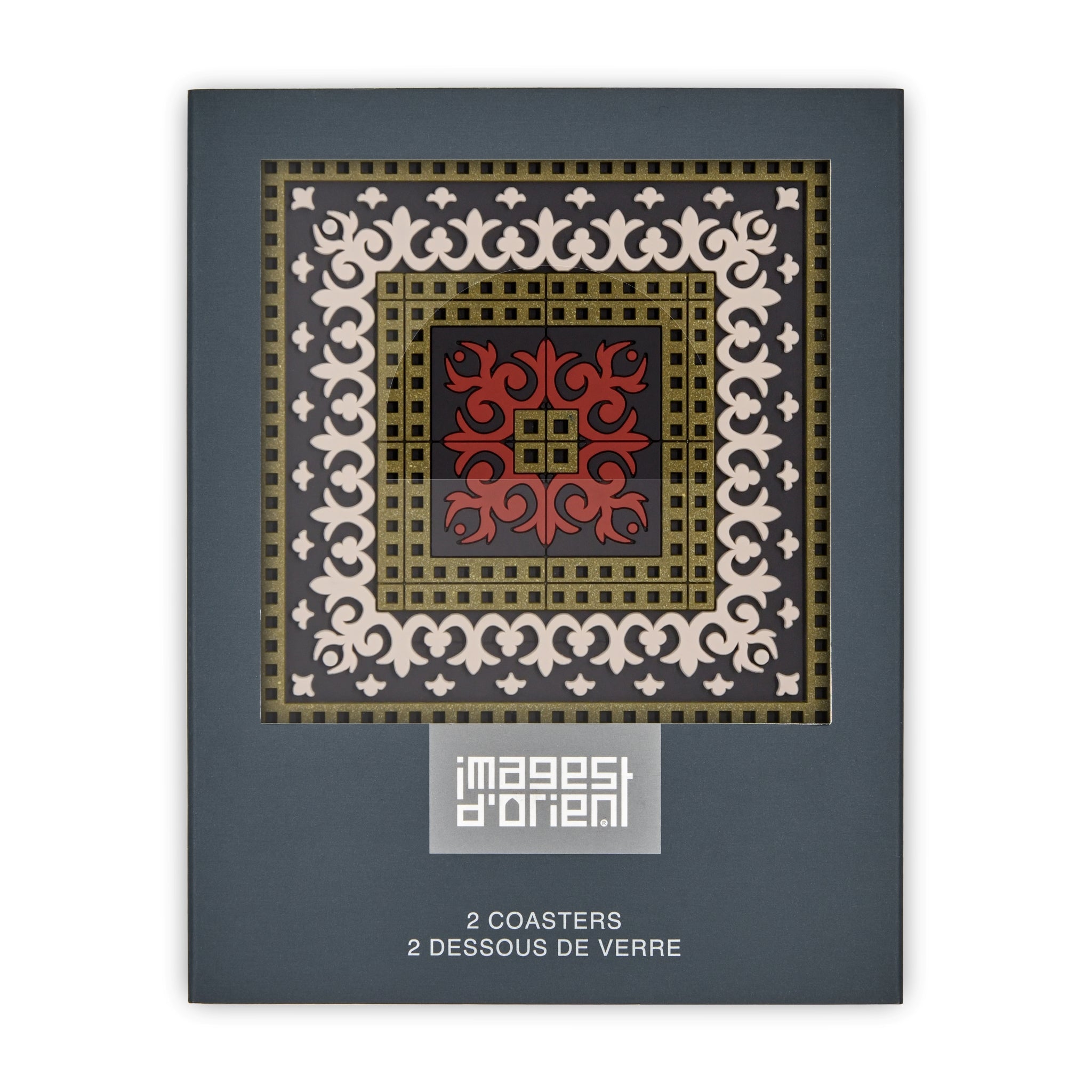Images D'Orient Coaster Sejjadeh Zen Red PVC 9x9cm 3.5x.3.5inches Packaging Front Set of 2 COA-992021