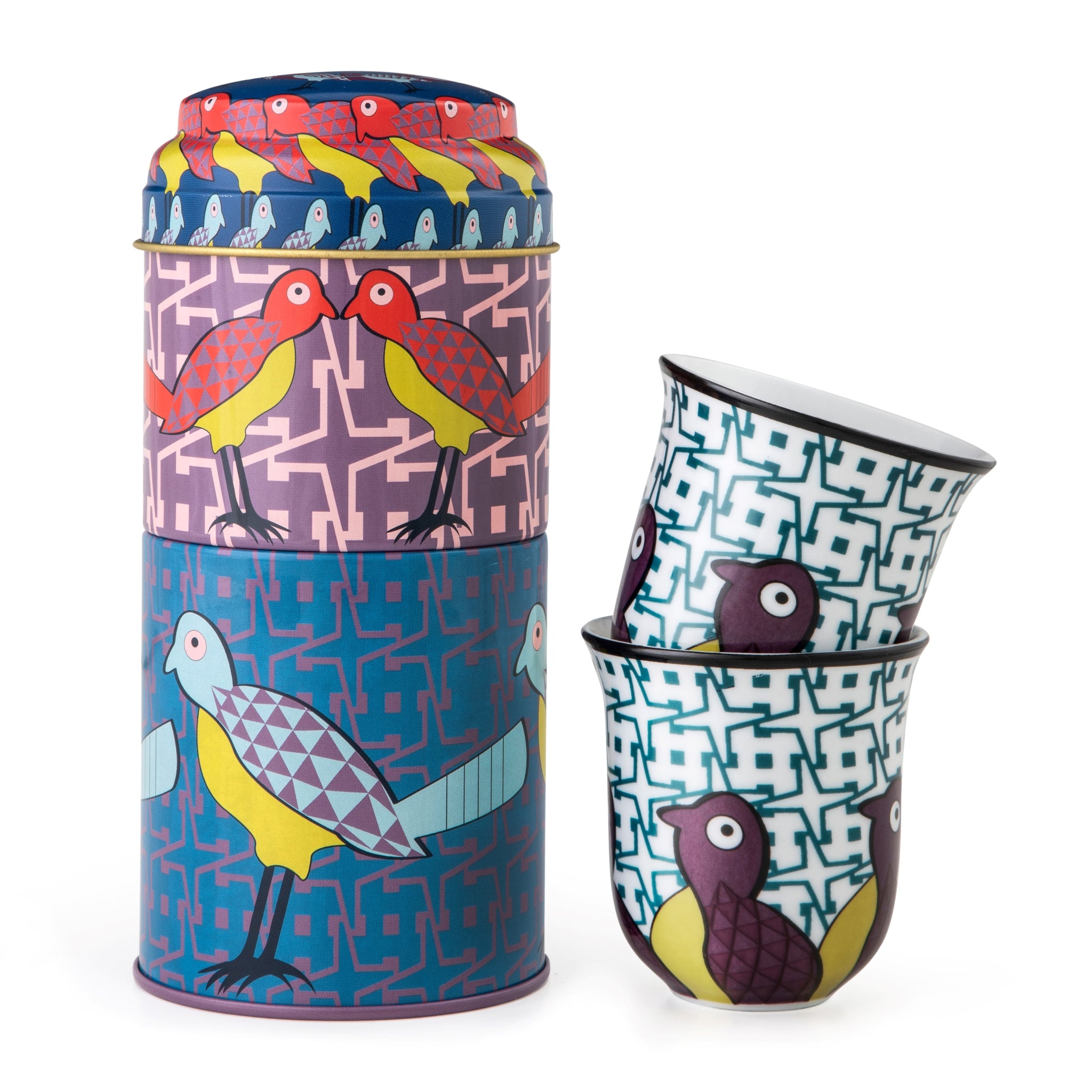 Images D'Orient Tin Box with 2 Coffee Cups Porcelain Birds Of Paradise 90 ml POR-902062