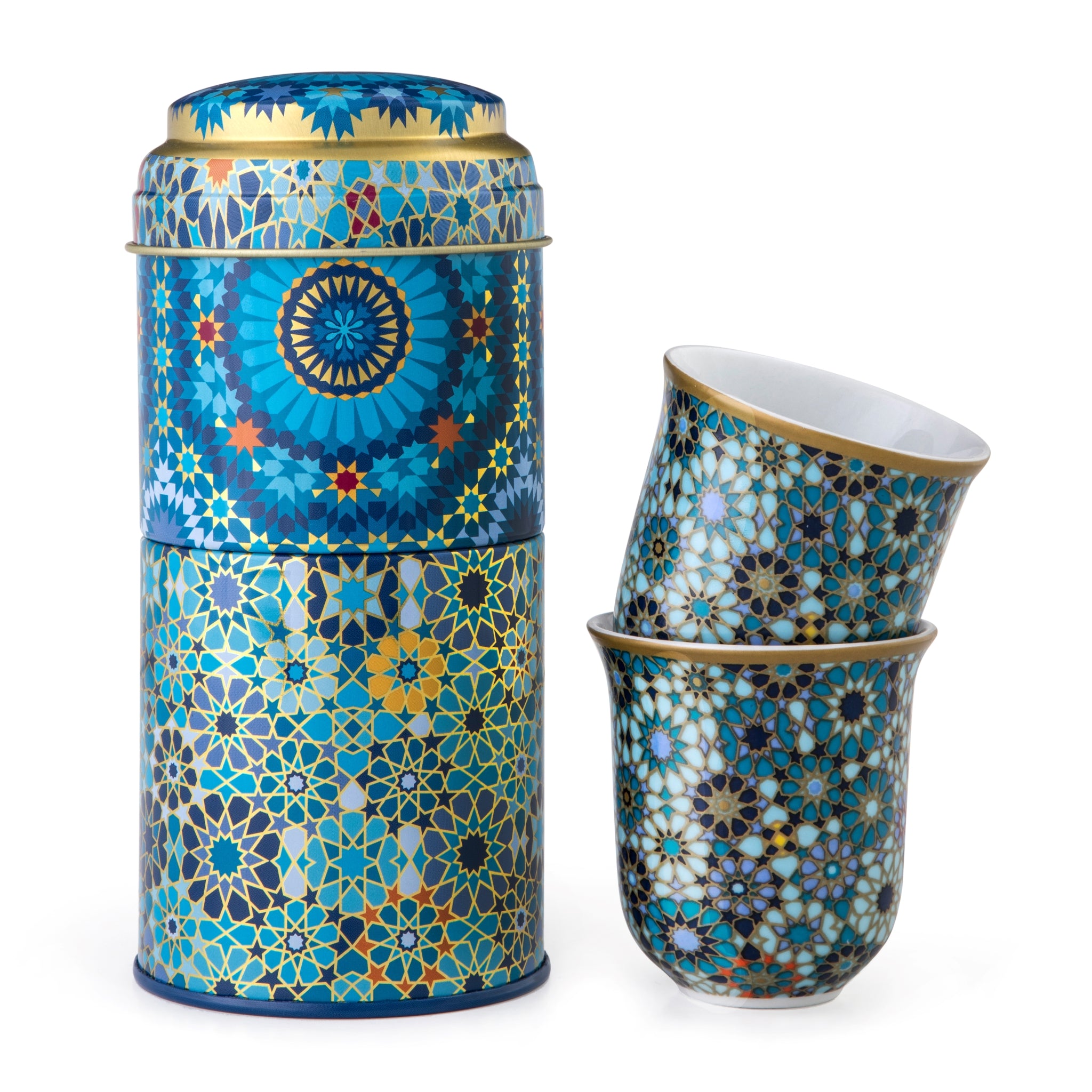 Images D'Orient Tin Box with 2 Coffee Cups Porcelain Moucharabieh Blue 90 ml POR-902012