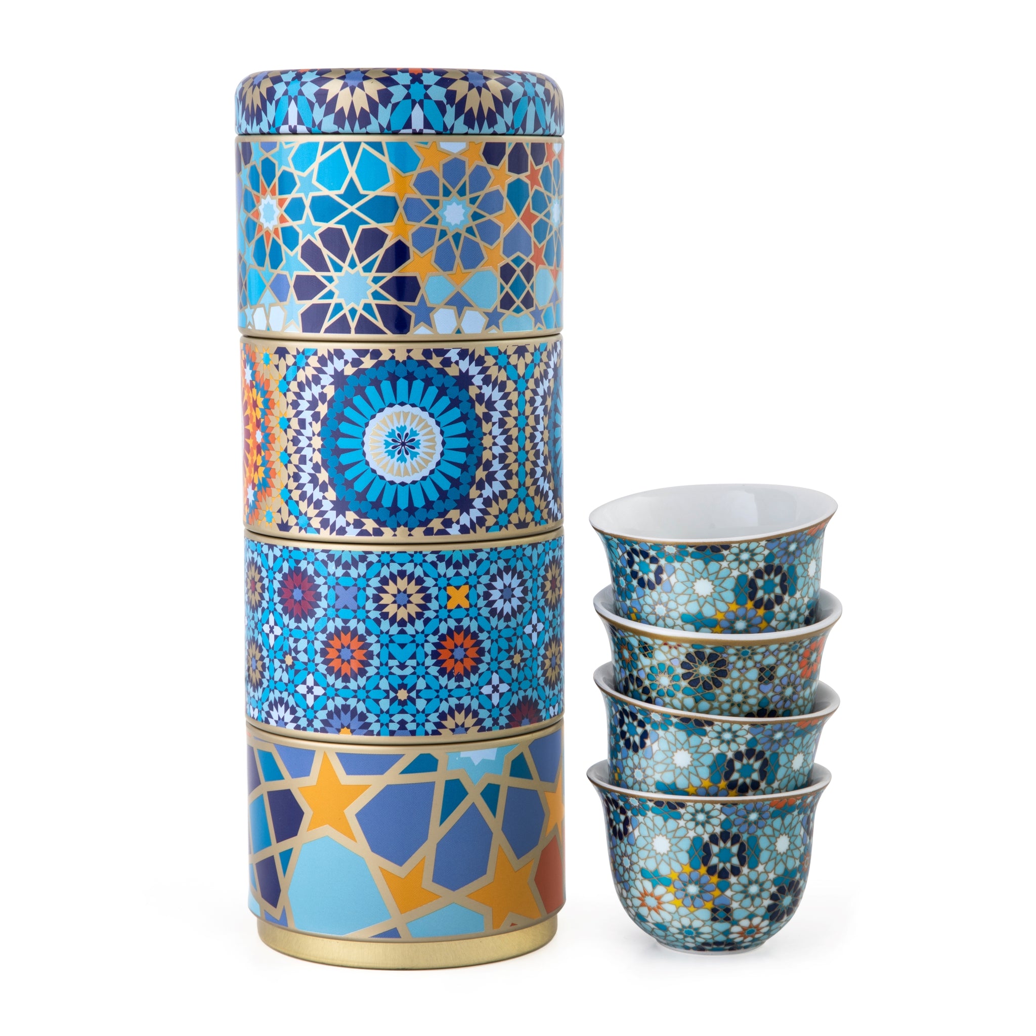 Images D'Orient Tin Box with 4 Coffee Cups Porcelain Moucharabieh Blue 60 ml POR-602014