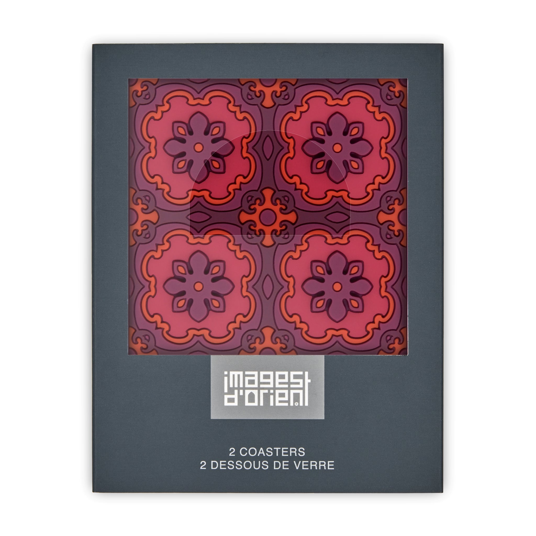 Images D'Orient Coaster Sejjadeh Ruby PVC 9x9cm 3.5x.3.5inches Packaging Front Set of 2 COA-994021