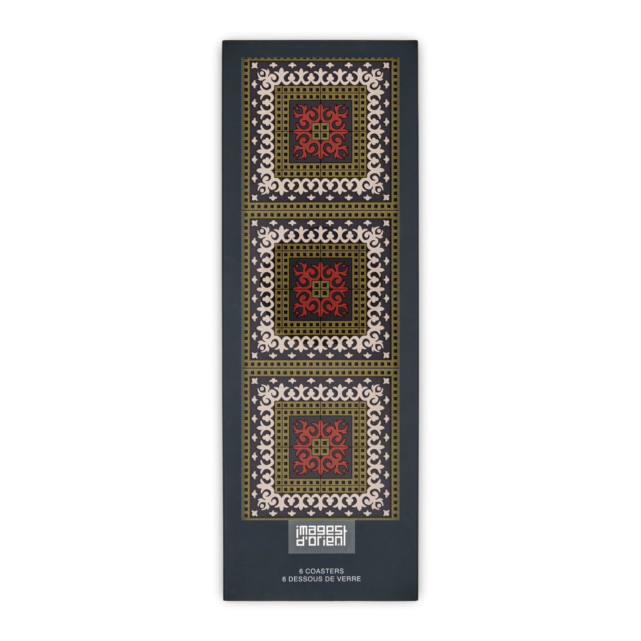 Images D'Orient Coaster Sejjadeh Zen Red PVC 9x9cm 3.5x.3.5inches Packaging Front Set of 6 COA-992021