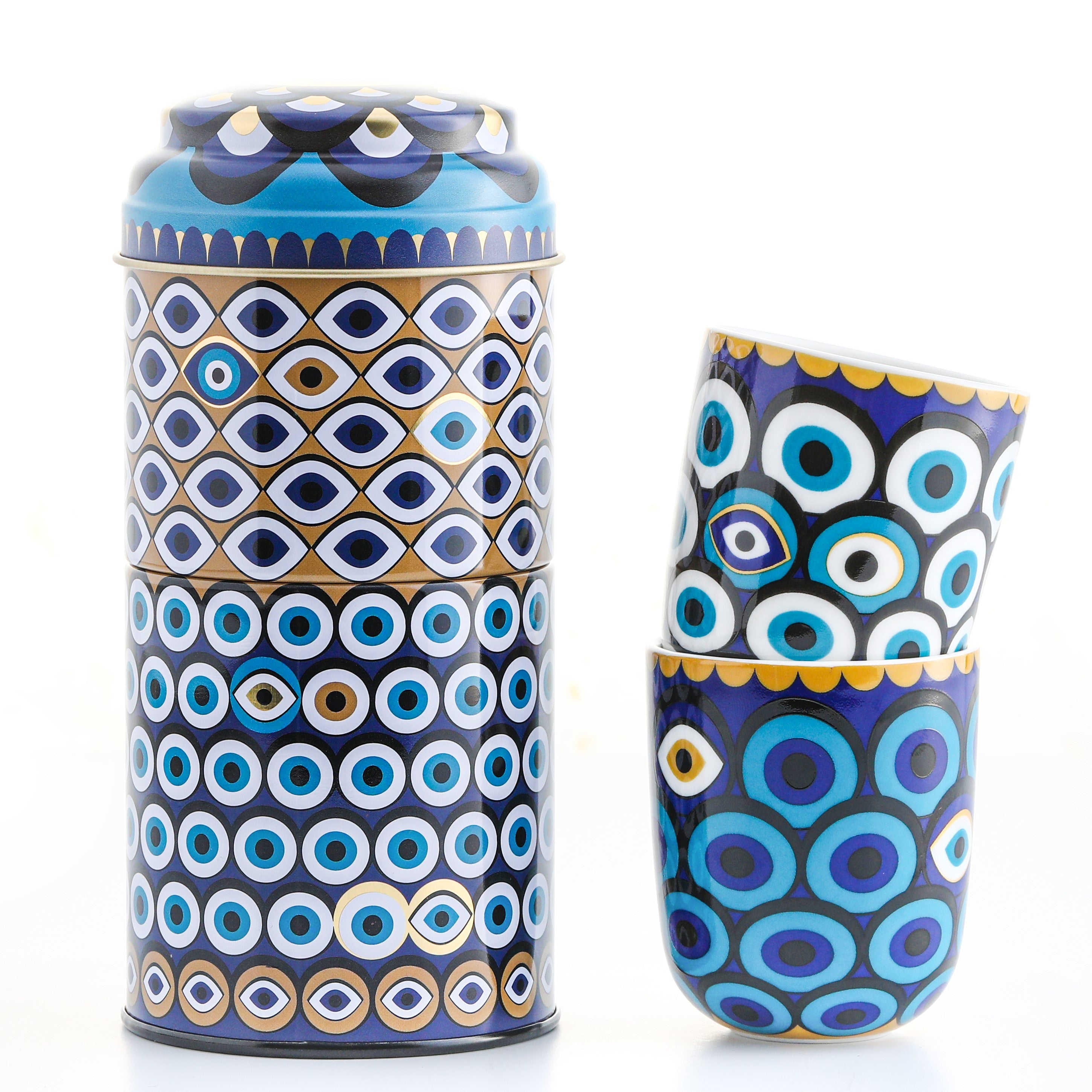 Images D'Orient Tin Box with 2 Coffee Cups Porcelain Zarqa 90 ml POR-902172