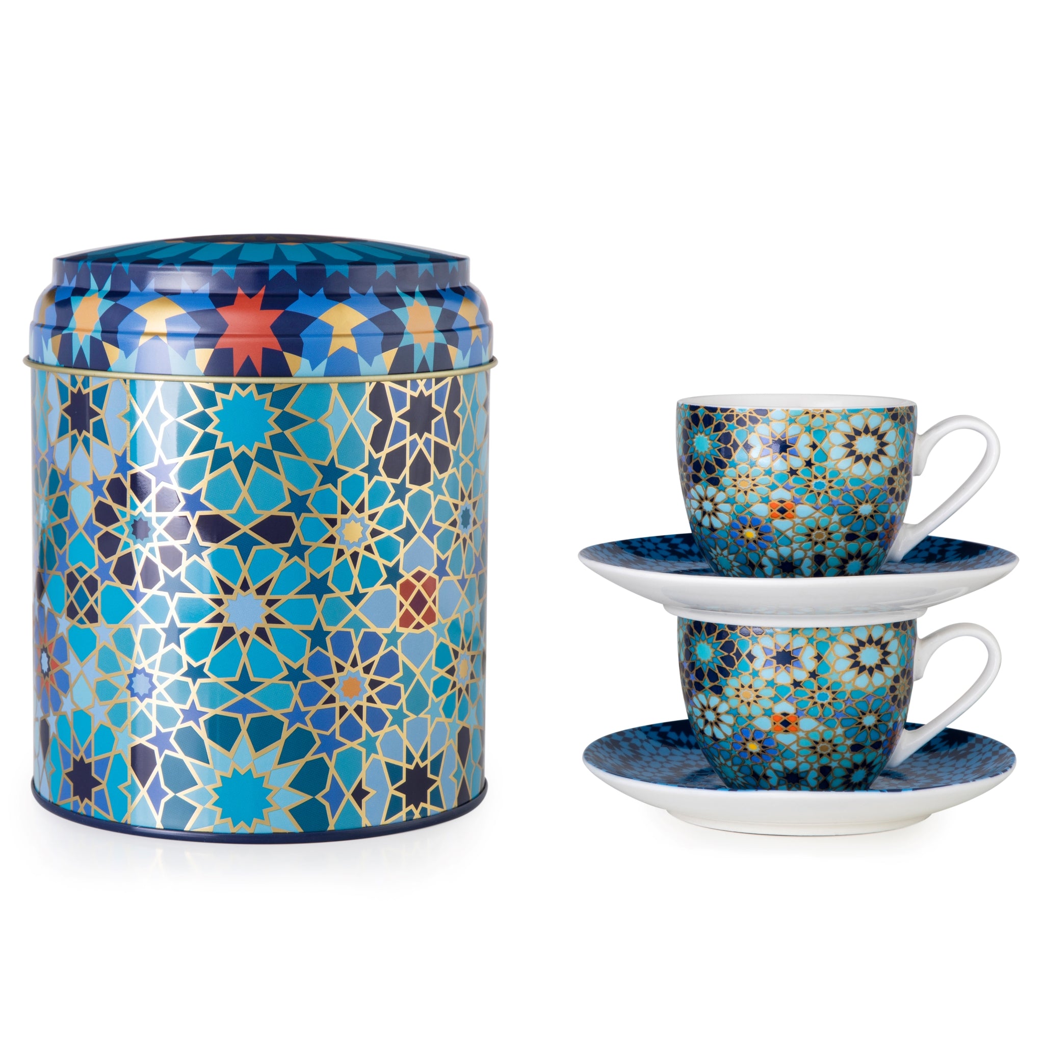 Images D'Orient Tin Box with 2 Coffee Cups Saucer Moucharabieh Blue 90 ml POR-922002