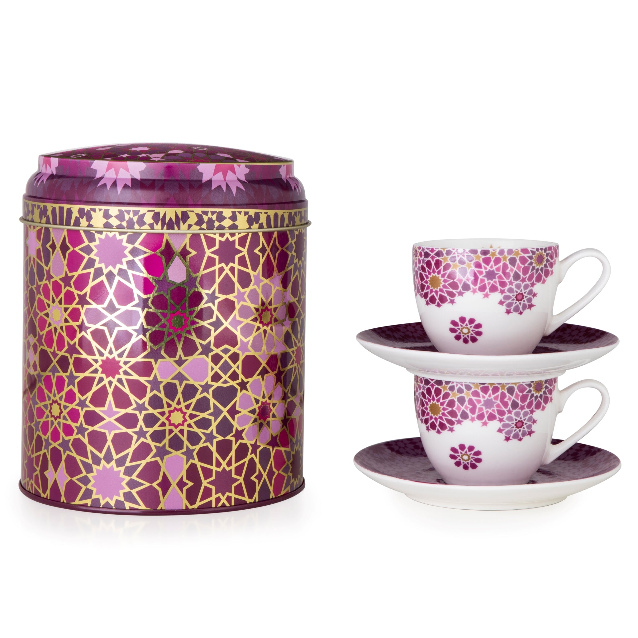 Images D'Orient Tin Box with 2 Coffee Cups Saucer Moucharabieh Parme 90 ml POR-922012